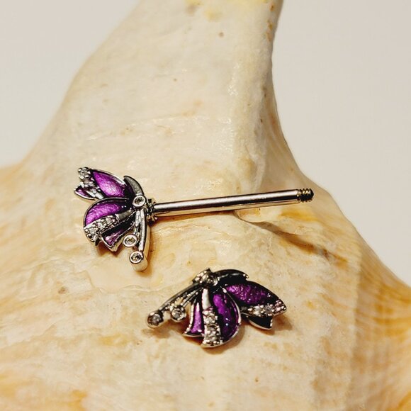 Pair of 14G bunny ends surgical steel nipple bars with pink CZ gems - Picture 5 of 6